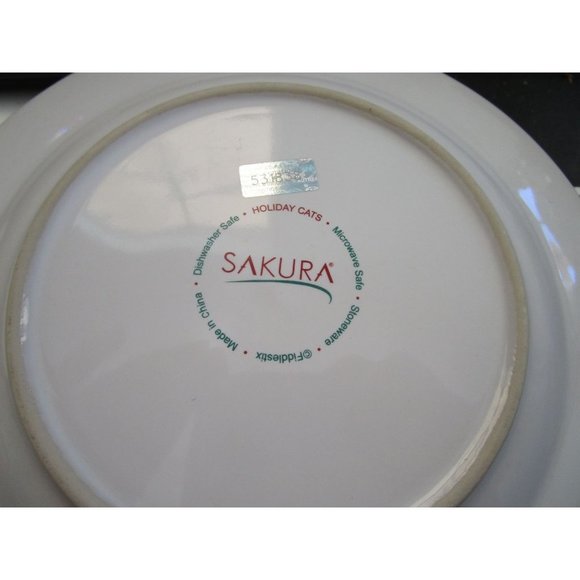 Sakura Fiddlestix Holiday Cat Red Coat Hat Stoneware Holly Rim Salad Plate EUC - Picture 5 of 6
